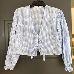 Lush Light Blue Gingham embroidered tie-front Top